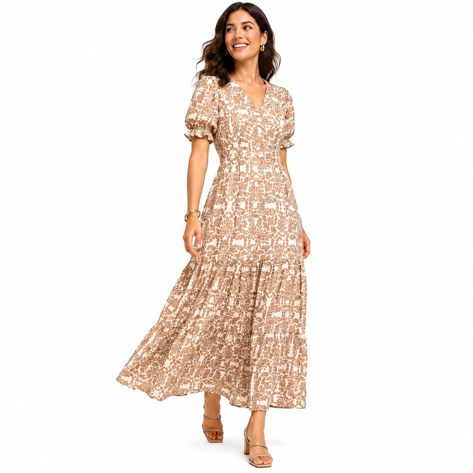 Women's Light Brown Floral V-Neck Puff Sleeve Tiered Maxi Dress | Flowy Elegant Day Dress