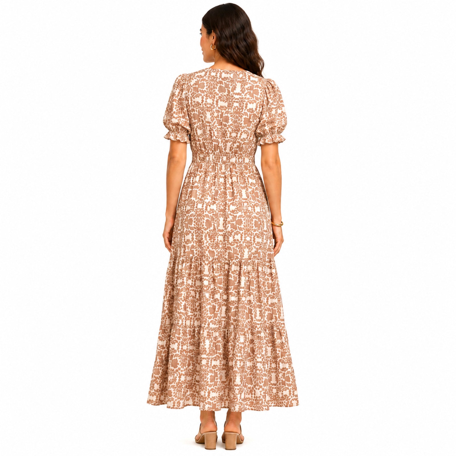 Women's Light Brown Floral V-Neck Puff Sleeve Tiered Maxi Dress | Flowy Elegant Day Dress