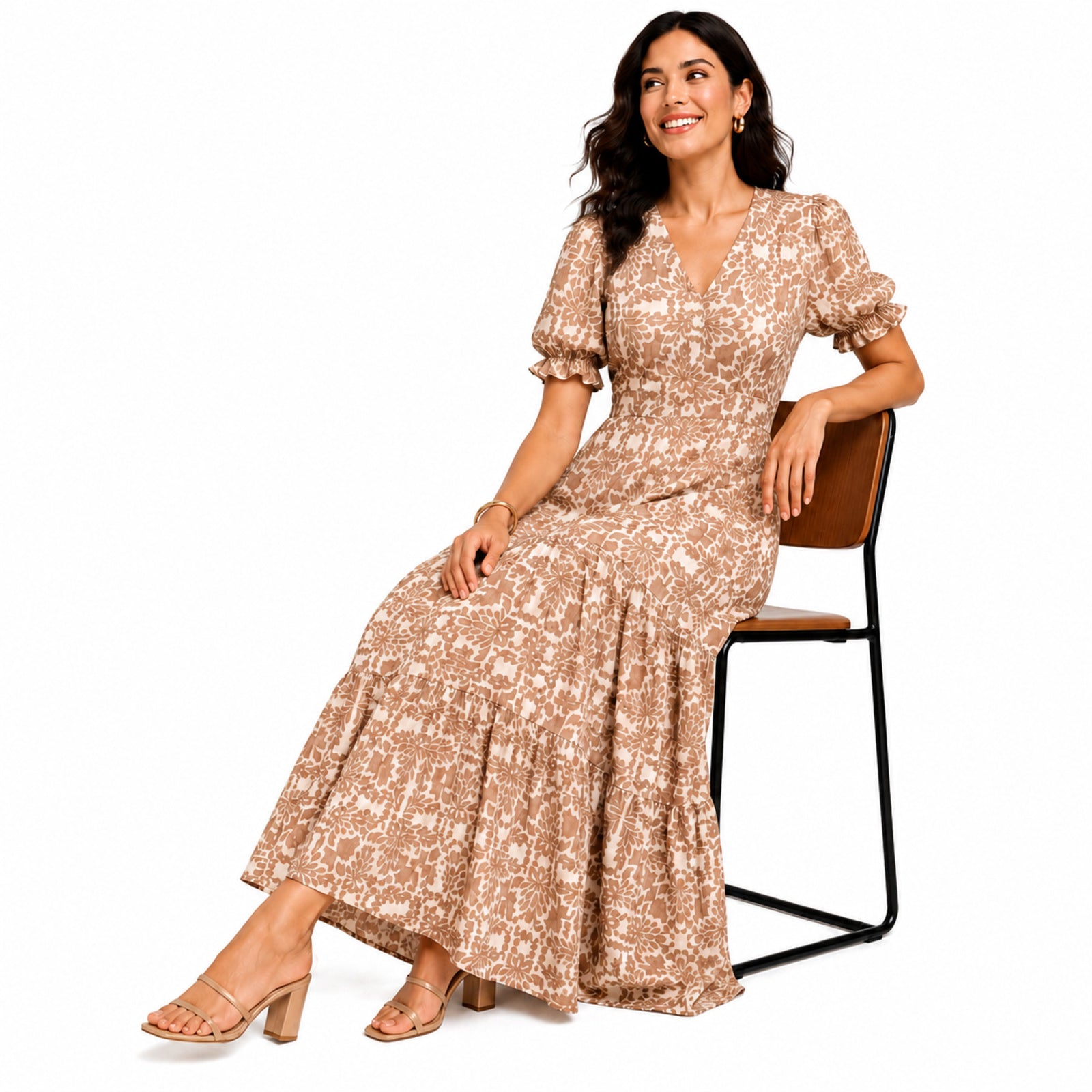 Women's Light Brown Floral V-Neck Puff Sleeve Tiered Maxi Dress | Flowy Elegant Day Dress