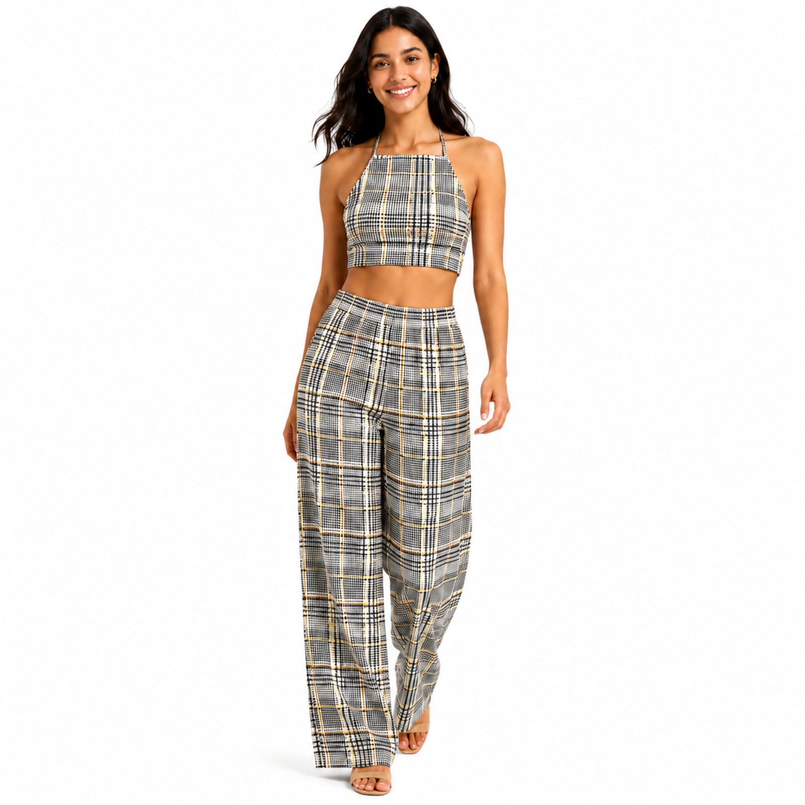 Women's Checked Halter Neck Crop Top and Wide-Leg Pant Co-Ord Set | Printed Two-Piece Outfit
