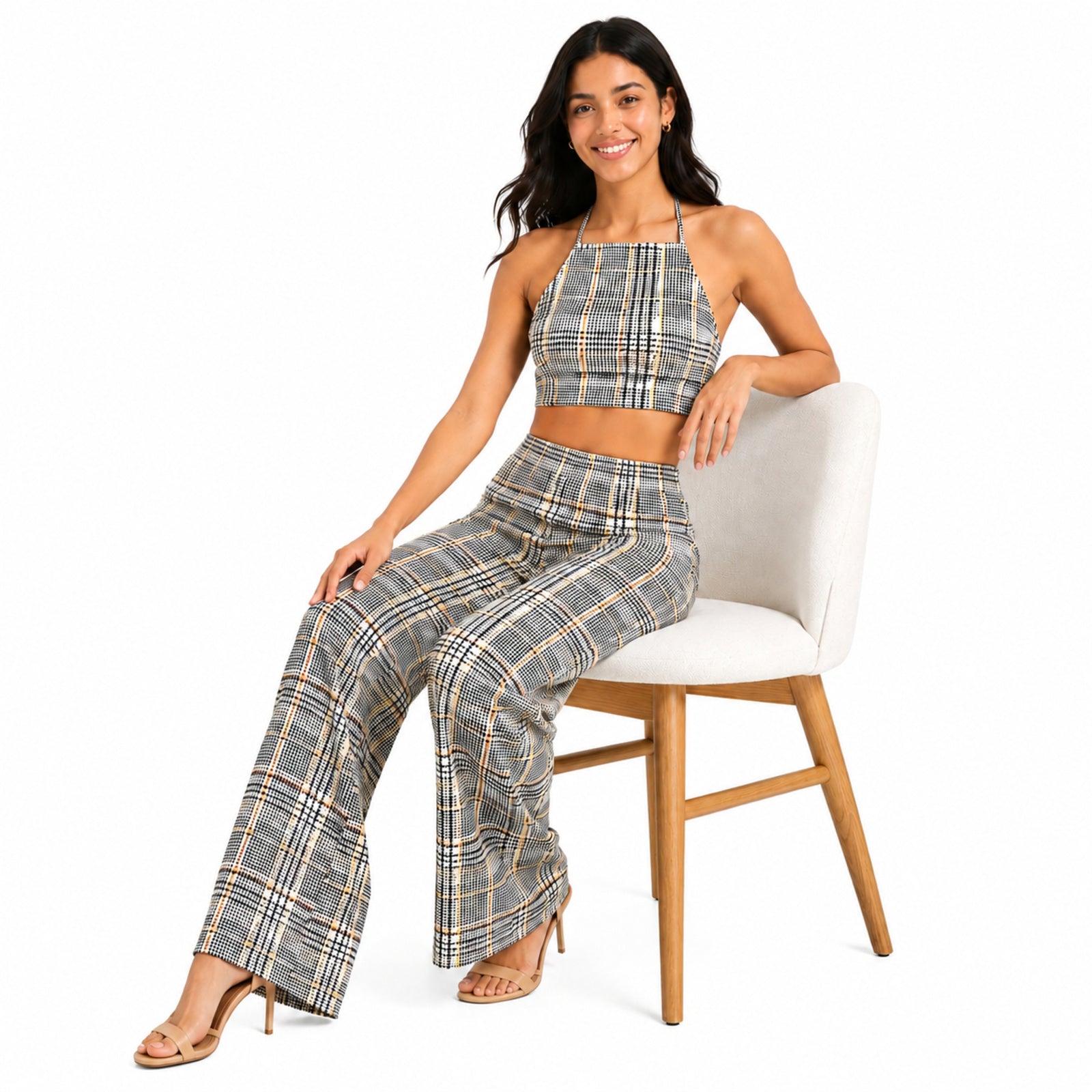 Women's Checked Halter Neck Crop Top and Wide-Leg Pant Co-Ord Set | Printed Two-Piece Outfit
