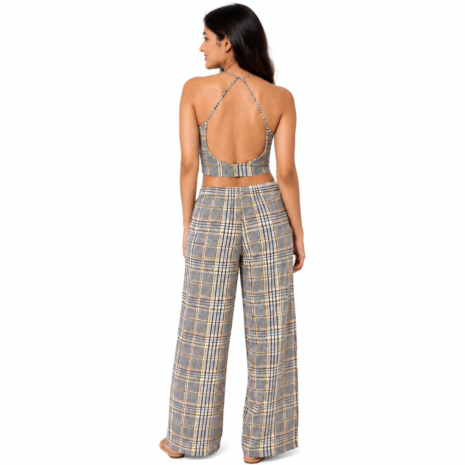 Women's Checked Halter Neck Crop Top and Wide-Leg Pant Co-Ord Set | Printed Two-Piece Outfit