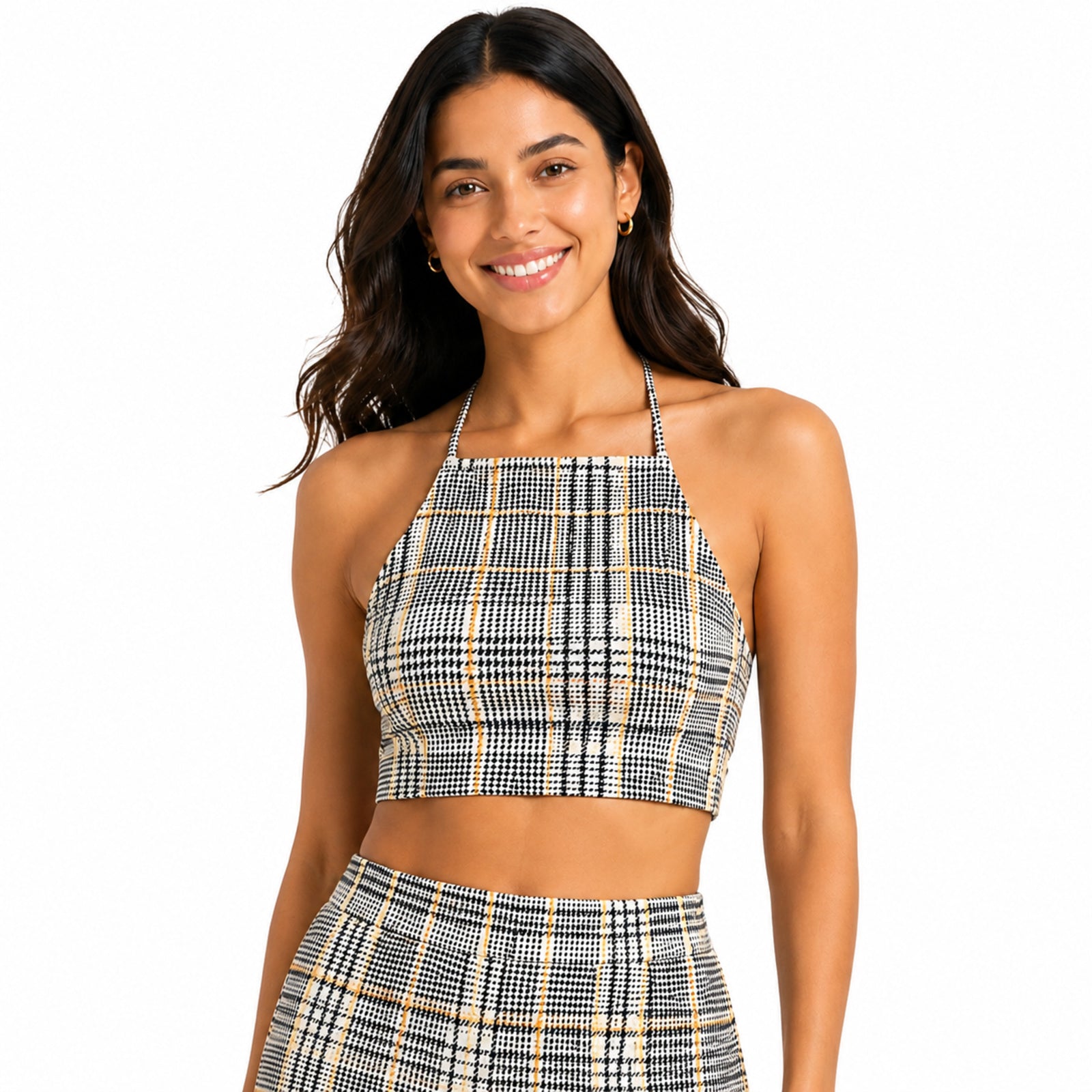 Women's Checked Halter Neck Crop Top and Wide-Leg Pant Co-Ord Set | Printed Two-Piece Outfit