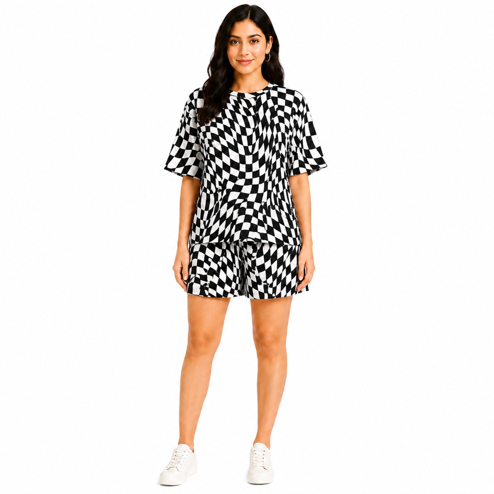 Women's Black & White Optical Check Print Co-Ord Set with Half Sleeve Top & Shorts