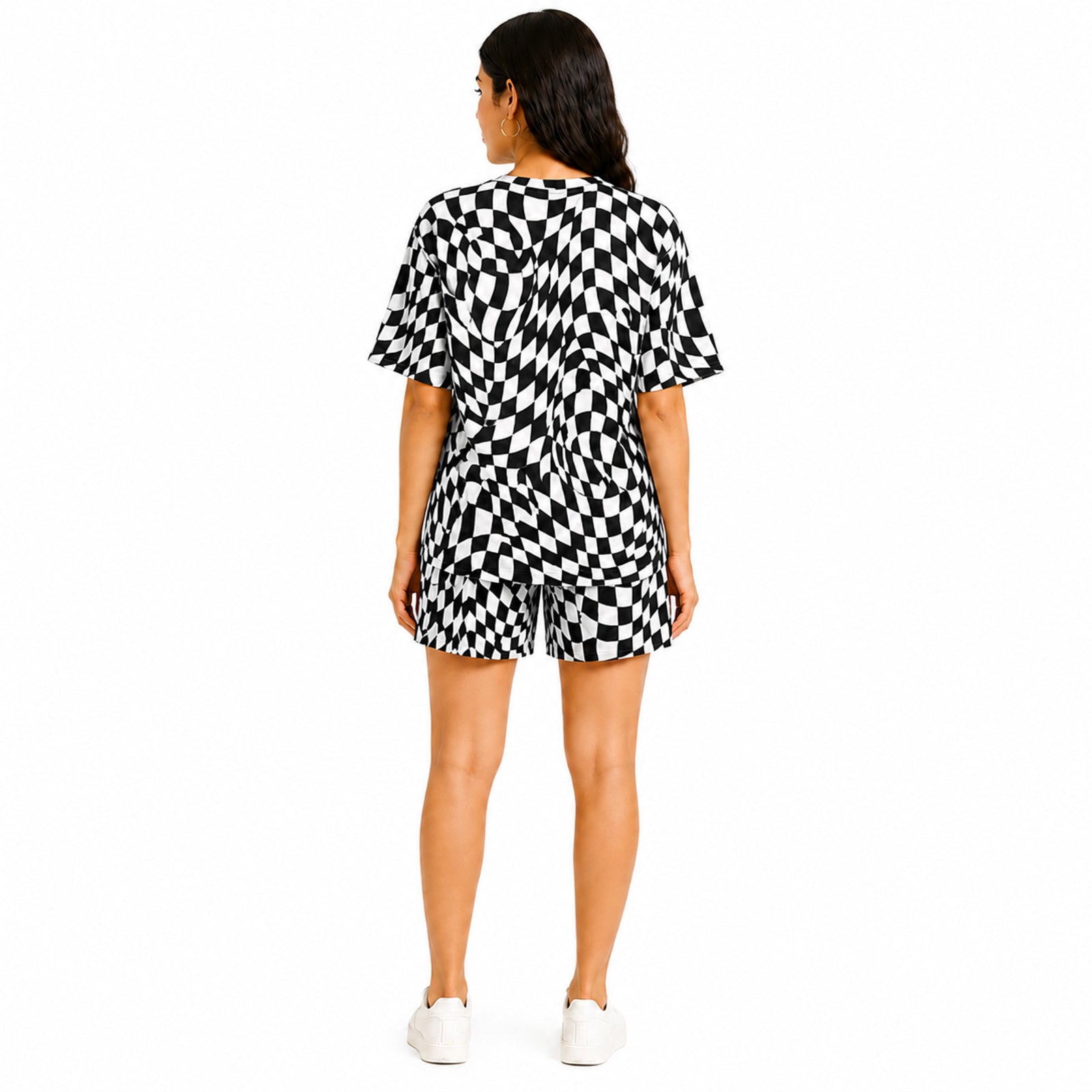 Women's Black & White Optical Check Print Co-Ord Set with Half Sleeve Top & Shorts