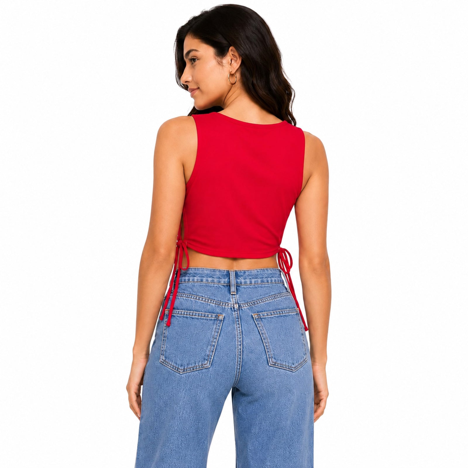 Women's Imperial Ruby Red Crew-Neck Tank Crop Top with Dual Side-Cinched Drawstrings