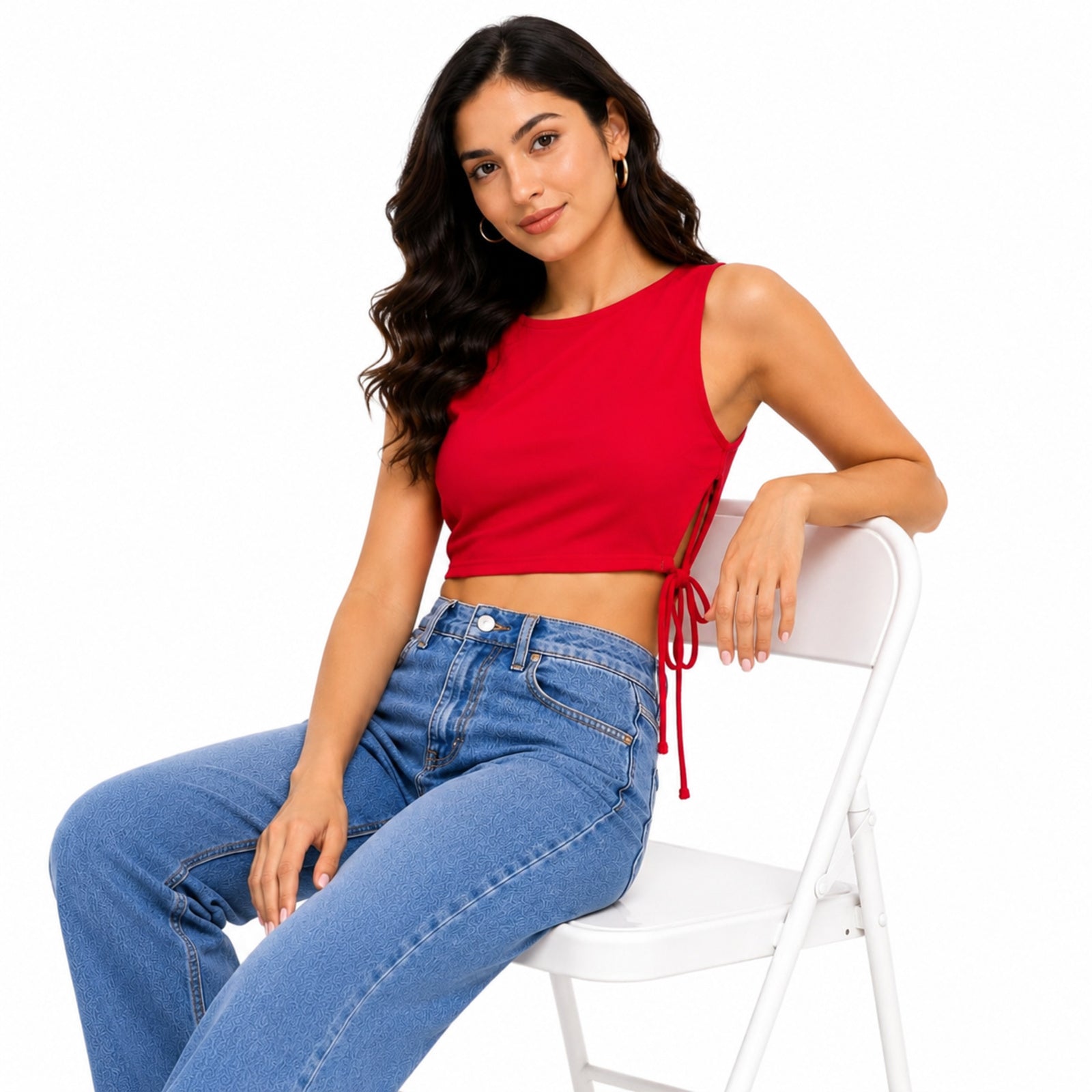 Women's Imperial Ruby Red Crew-Neck Tank Crop Top with Dual Side-Cinched Drawstrings