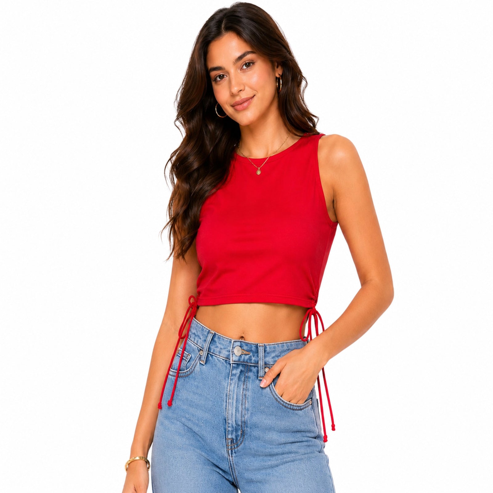 Women's Imperial Ruby Red Crew-Neck Tank Crop Top with Dual Side-Cinched Drawstrings