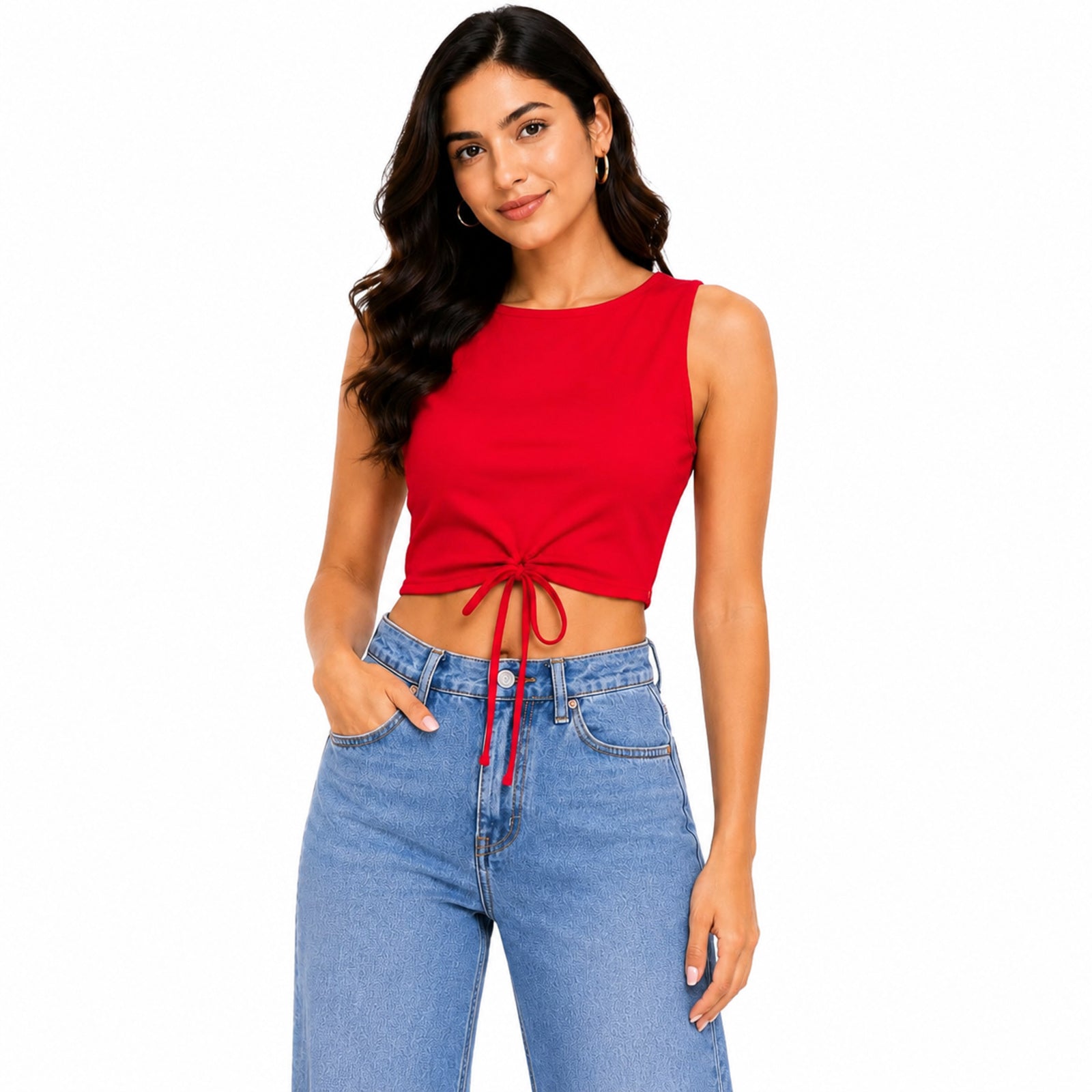Women's Imperial Ruby Red Crew-Neck Tank Crop Top with Dual Side-Cinched Drawstrings