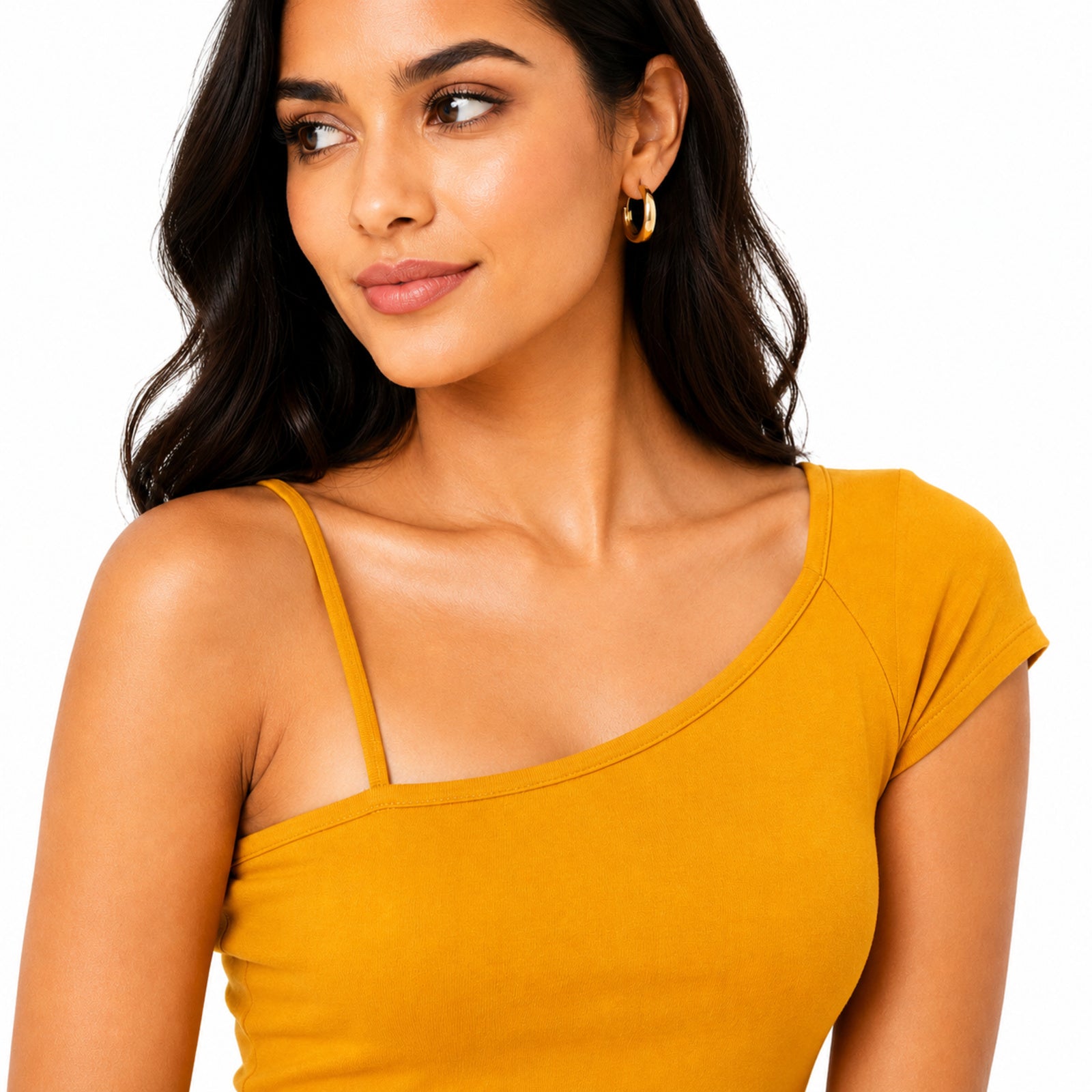 Women's Mustard Asymmetric Neck One-Shoulder Mini Dress | Solid Fitted Party Dress