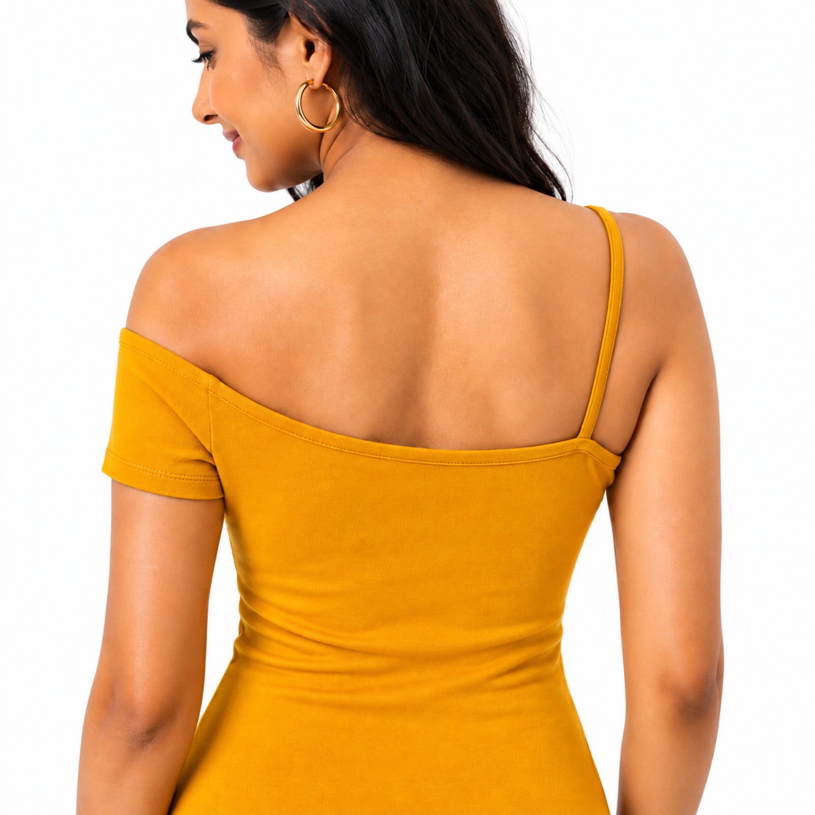 Women's Mustard Asymmetric Neck One-Shoulder Mini Dress | Solid Fitted Party Dress