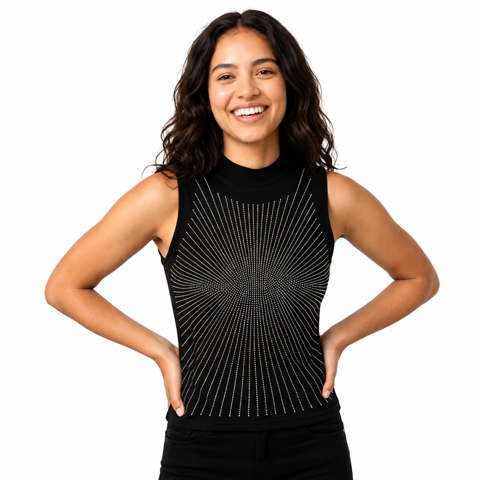 Women's Black Embellished High Neck Sleeveless Top