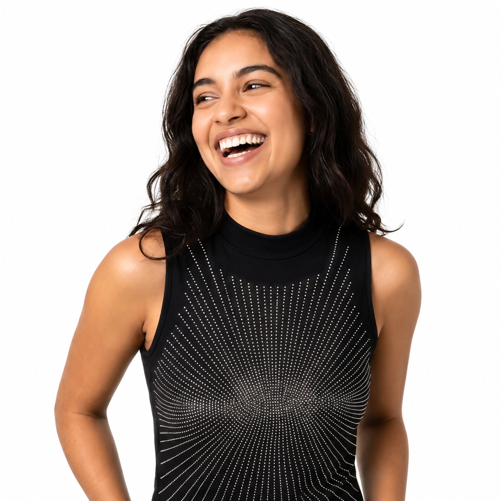 Women's Black Embellished High Neck Sleeveless Top