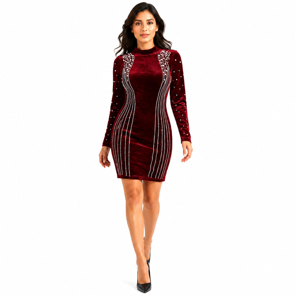 Women's Maroon Embellished Velvet Bodycon Mini Dress | High Neck Party Wear Dress