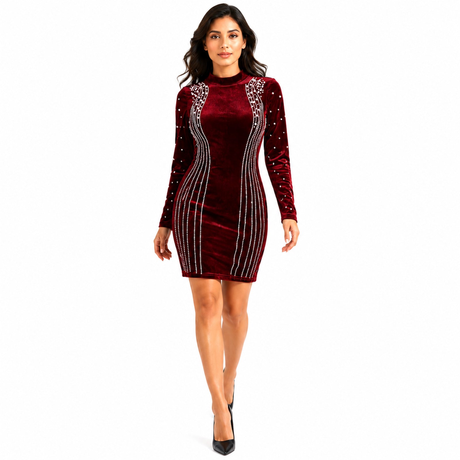 Women's Maroon Embellished Velvet Bodycon Mini Dress | High Neck Party Wear Dress