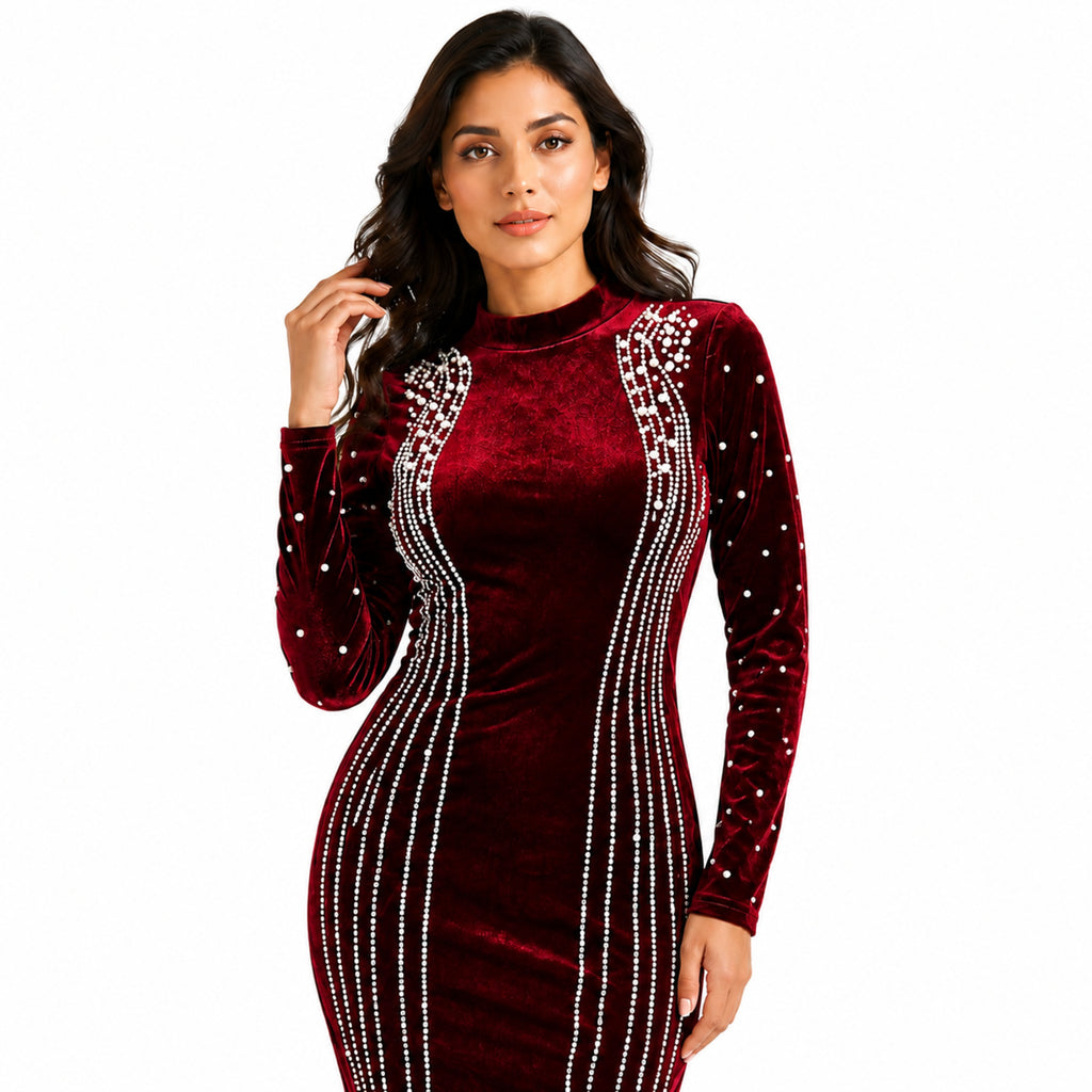 Women's Maroon Embellished Velvet Bodycon Mini Dress | High Neck Party Wear Dress