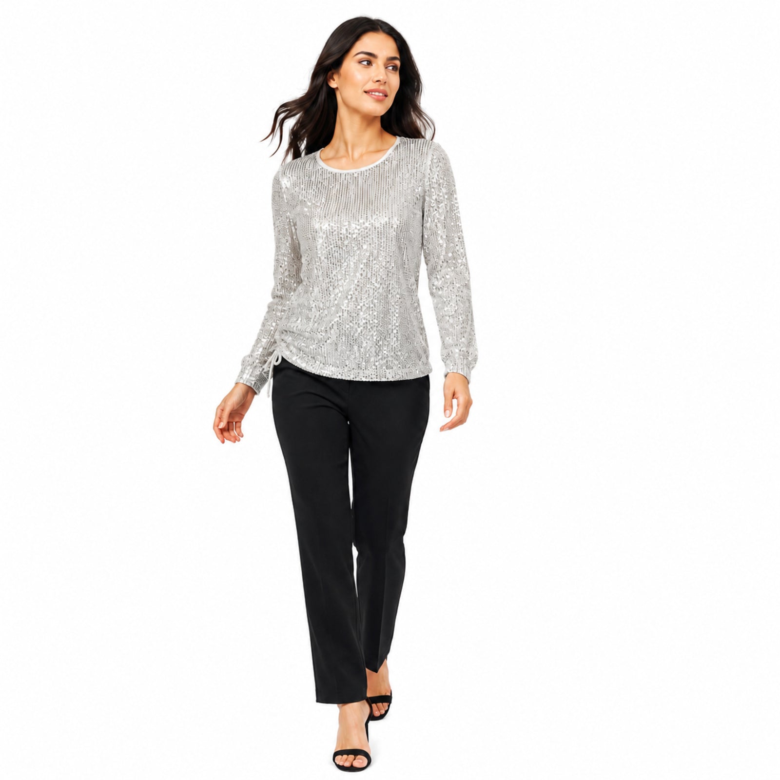 Women's White Sequin Round Neck Long Sleeve Top | Shimmer Party Wear Blouse
