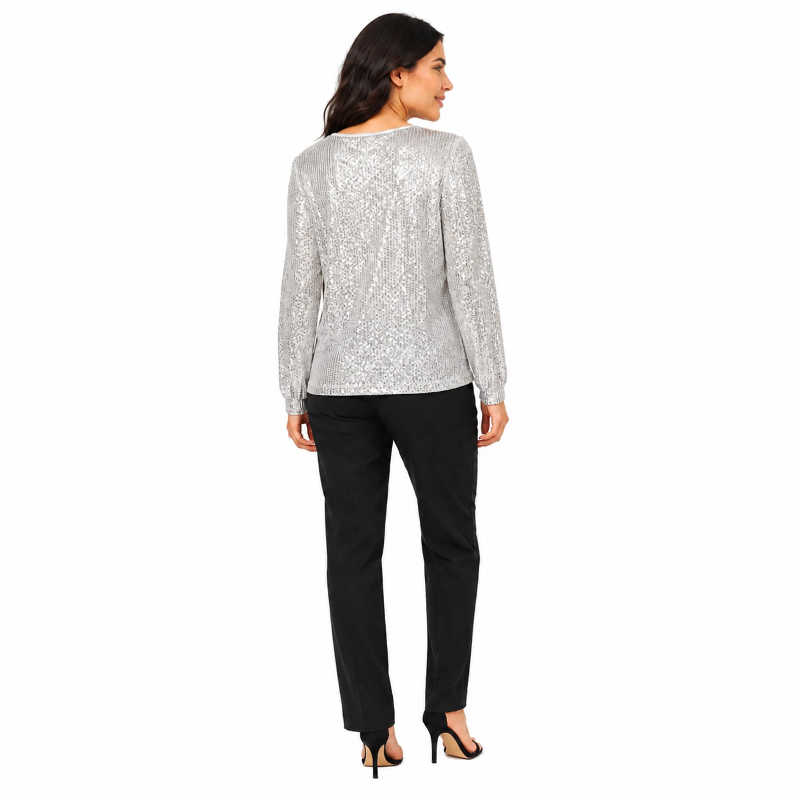 Women's White Sequin Round Neck Long Sleeve Top | Shimmer Party Wear Blouse