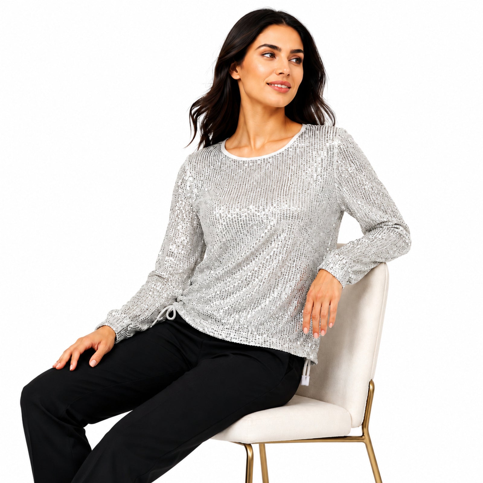 Women's White Sequin Round Neck Long Sleeve Top | Shimmer Party Wear Blouse