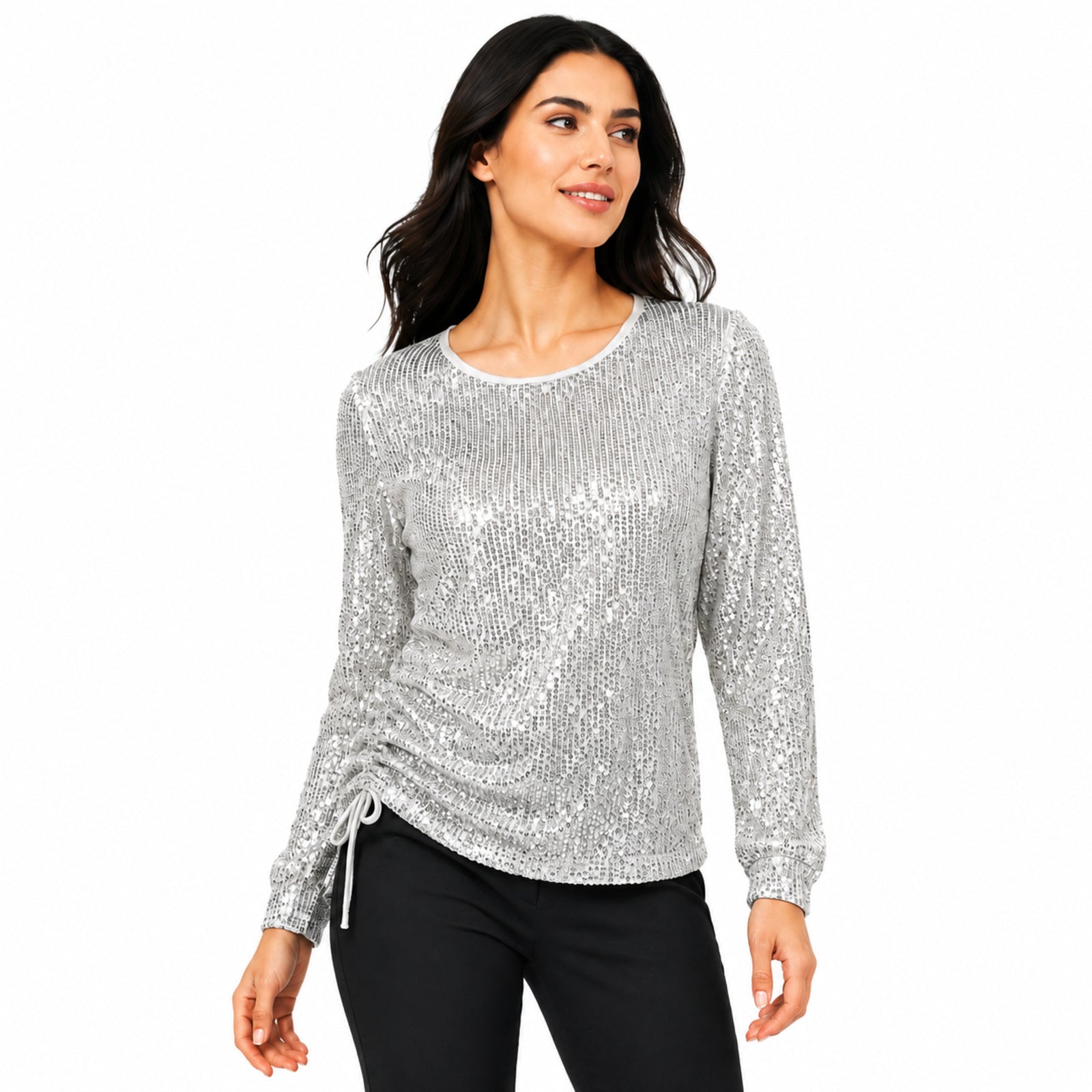 Women's White Sequin Round Neck Long Sleeve Top | Shimmer Party Wear Blouse