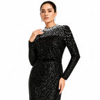 Women's Black Embellished High-Neck Sequin Maxi Dress | Elegant Evening Party Gown