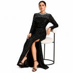 Women's Black Embellished High-Neck Sequin Maxi Dress | Elegant Evening Party Gown