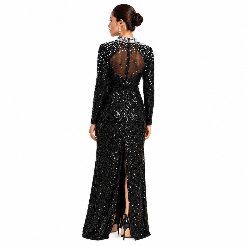 Women's Black Embellished High-Neck Sequin Maxi Dress | Elegant Evening Party Gown