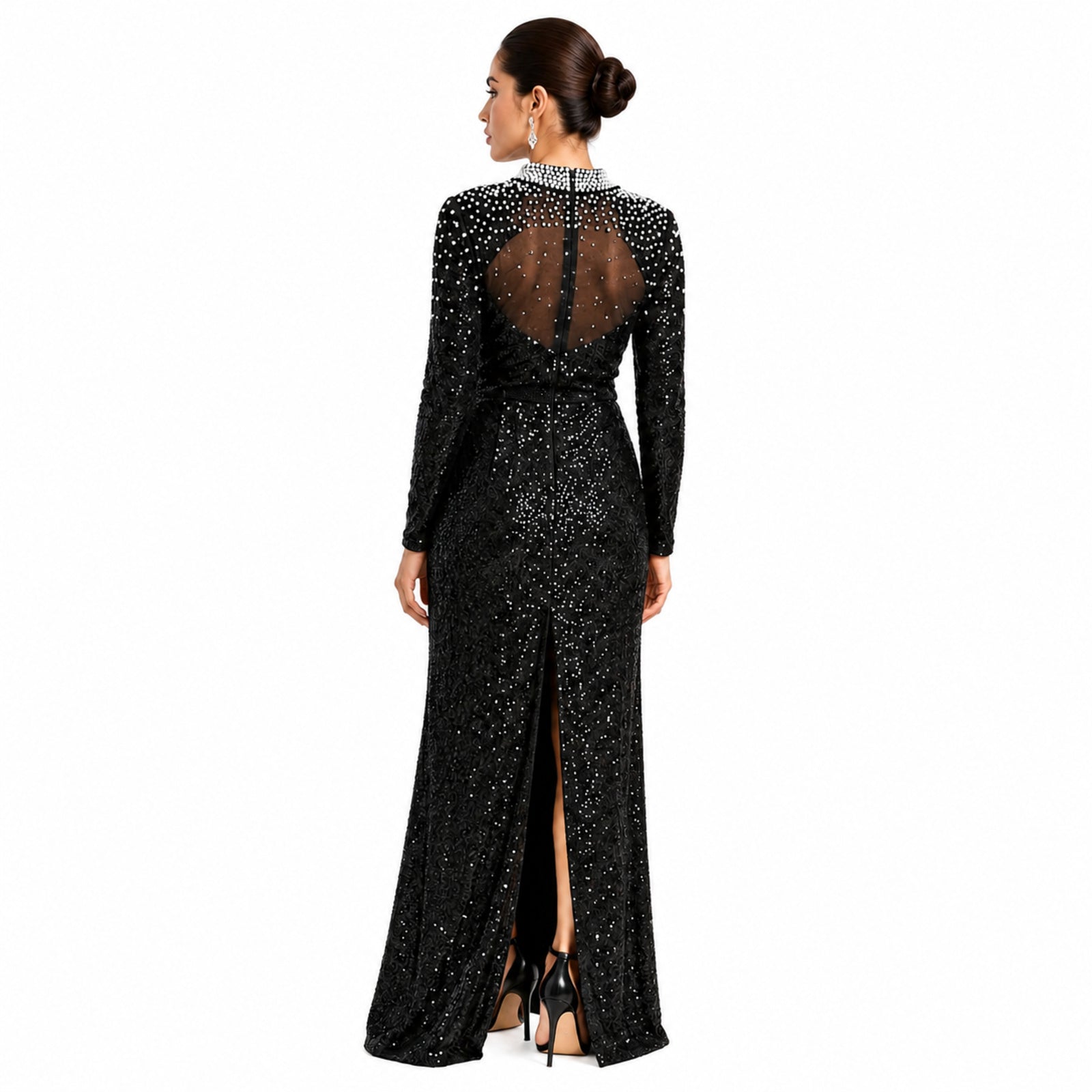 Women's Black Embellished High-Neck Sequin Maxi Dress | Elegant Evening Party Gown