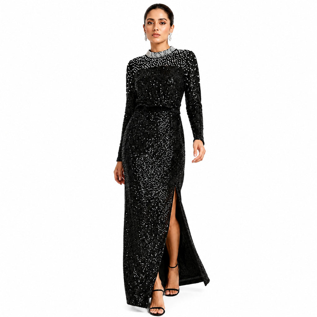 Women's Black Embellished High-Neck Sequin Maxi Dress | Elegant Evening Party Gown