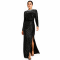 Women's Black Embellished High-Neck Sequin Maxi Dress | Elegant Evening Party Gown