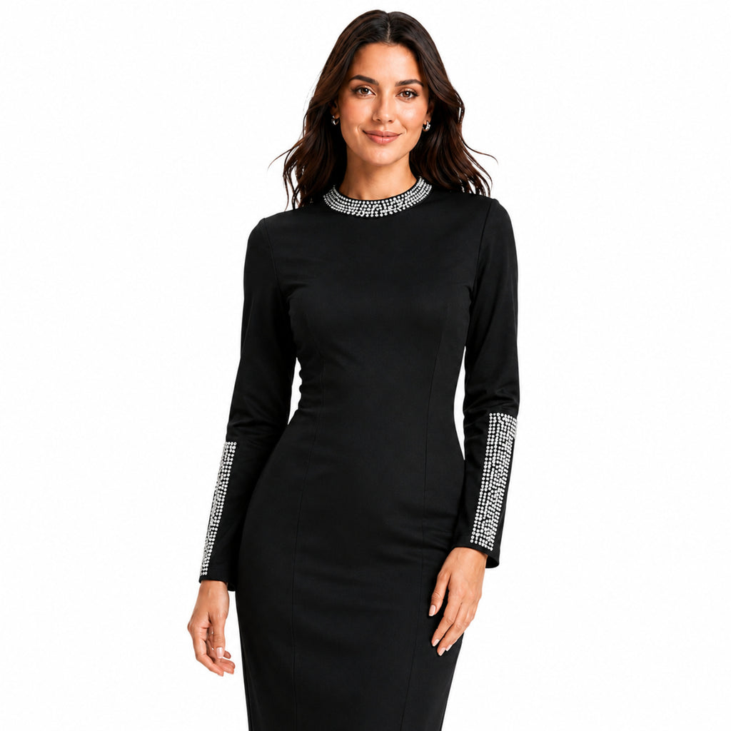 Women's Black Embellished High Neck Maxi Dress
