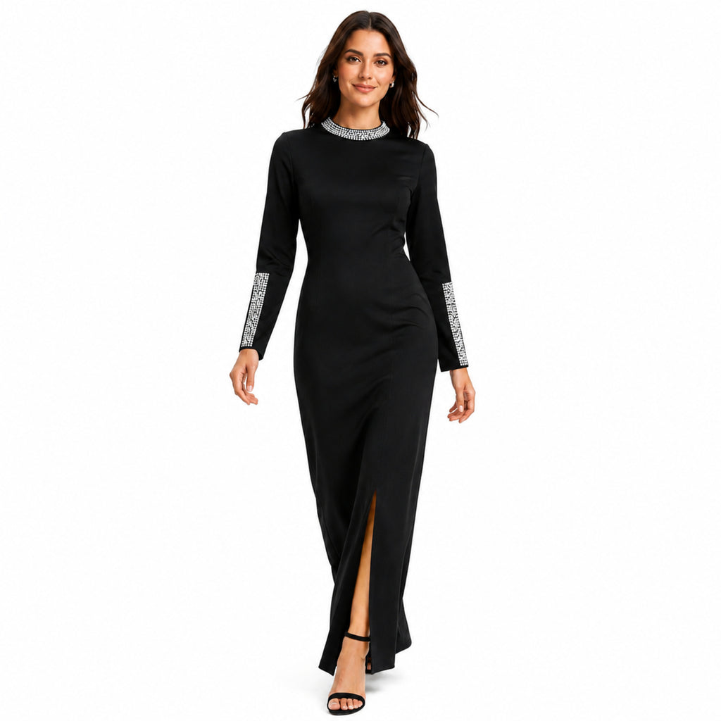 Women's Black Embellished High Neck Maxi Dress