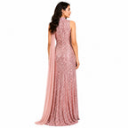 Women's Premium Sequin Embellished Evening Gown with High Neck & Cape Detail