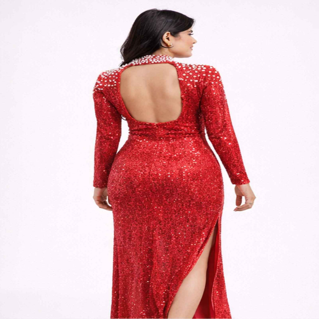 Red Glam High-Neck Sequin Evening Gown