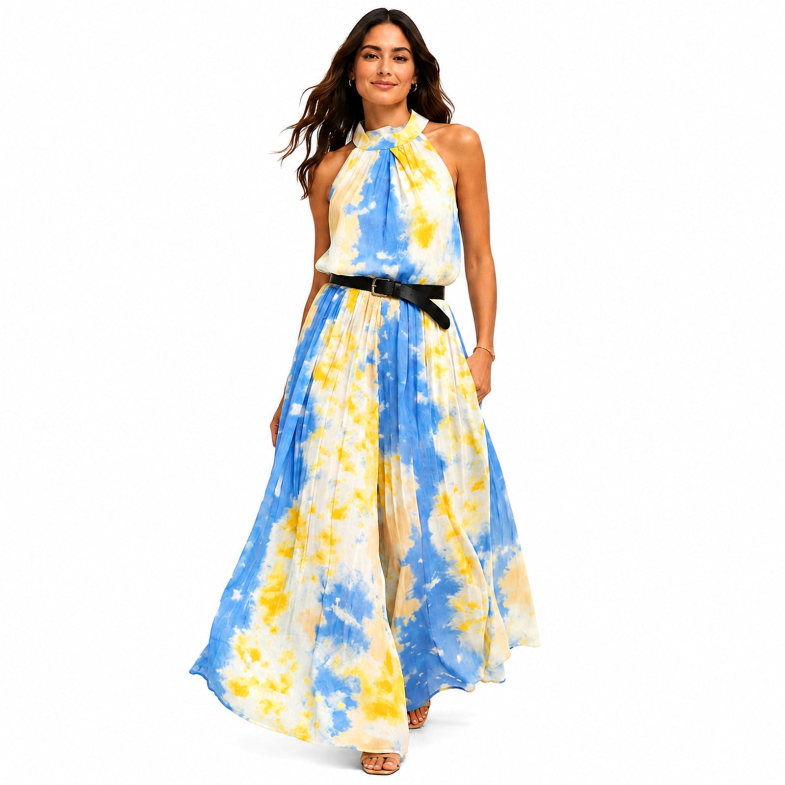 Women's Yellow Tie-Dye Halter Neck Flared Maxi Dress | Sleeveless Resort Wear Dress