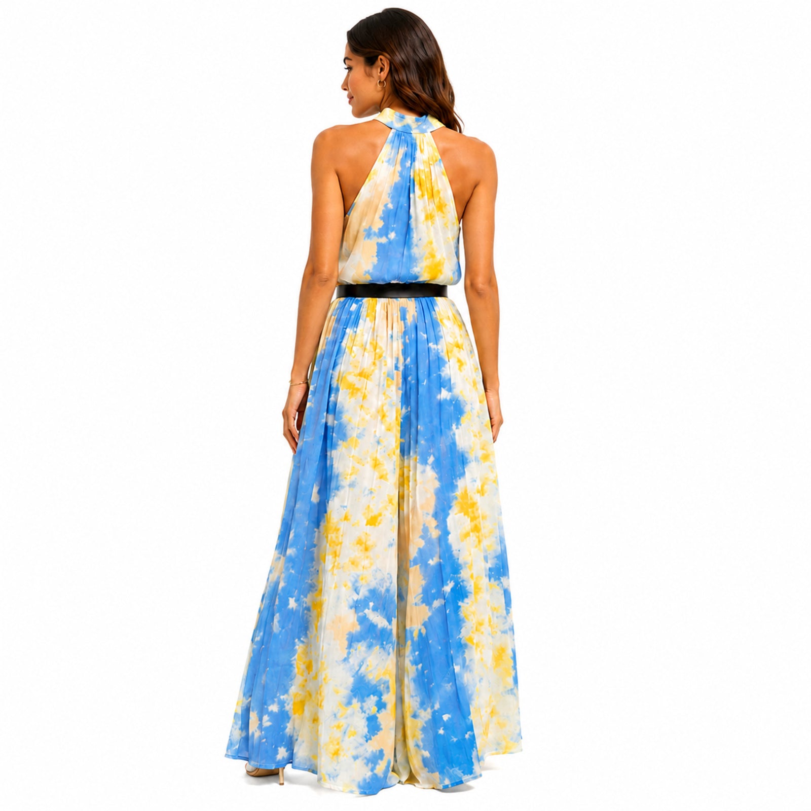 Women's Yellow Tie-Dye Halter Neck Flared Maxi Dress | Sleeveless Resort Wear Dress