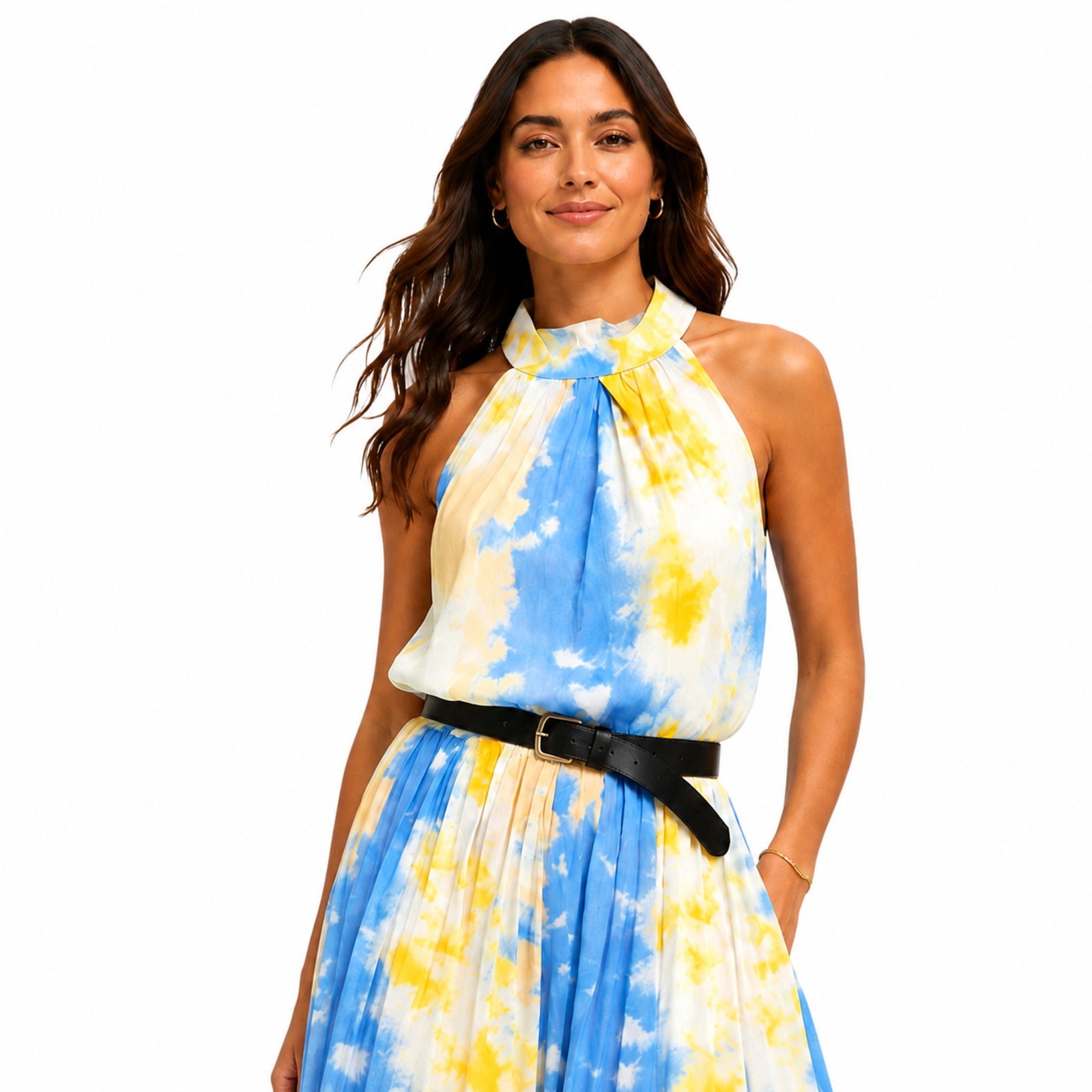 Women's Yellow Tie-Dye Halter Neck Flared Maxi Dress | Sleeveless Resort Wear Dress