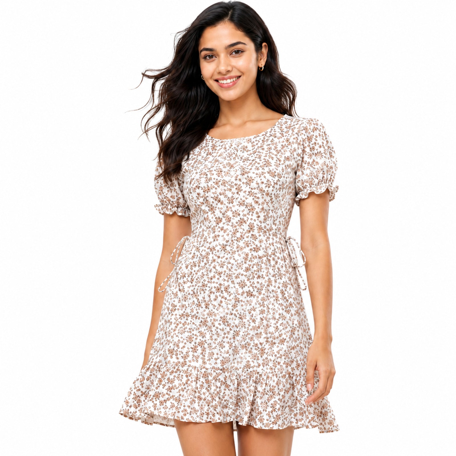 Women's Beige Floral Print Square Neck Puff Sleeve Mini Dress | Fit and Flare Casual Dress