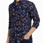 Men's Geometrical Navy Blue Full Sleeves Printed