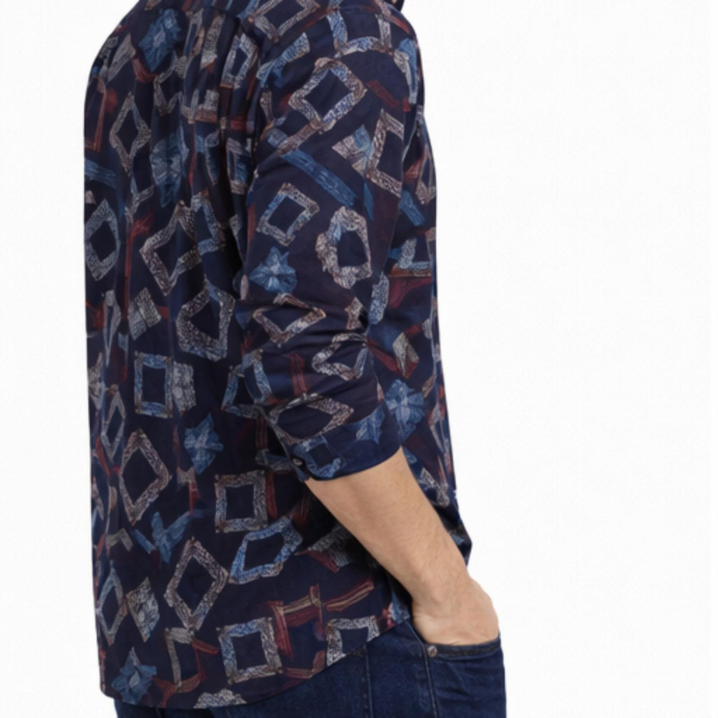 Men's Geometrical Navy Blue Full Sleeves Printed
