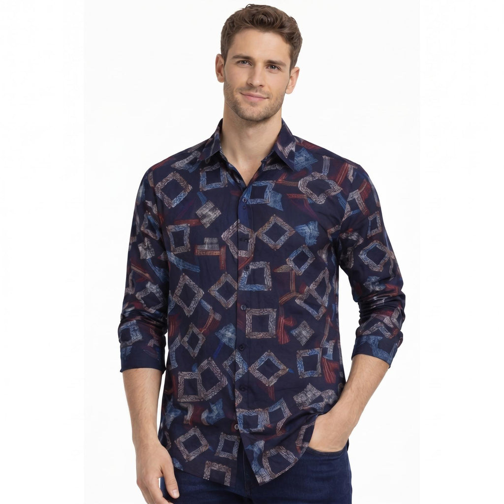 Men's Geometrical Navy Blue Full Sleeves Printed