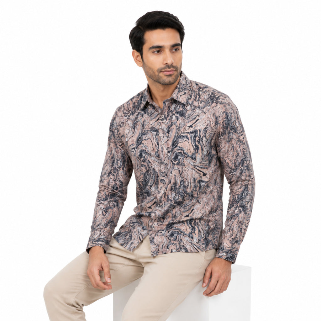 Men's Abstract Marble Peach Full Sleeves Printed