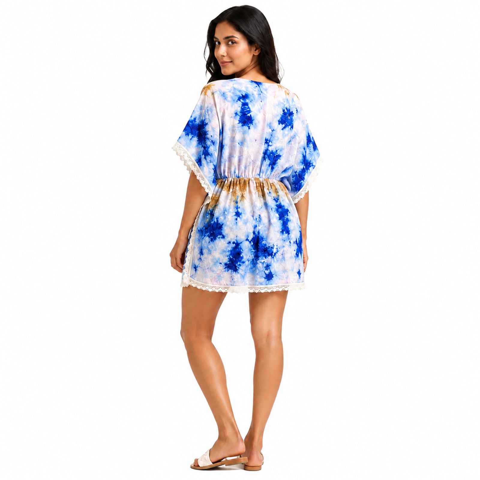 Women's Blue Tie-Dye Lace Trim Kaftan Mini Dress | Resort Wear Cover-Up