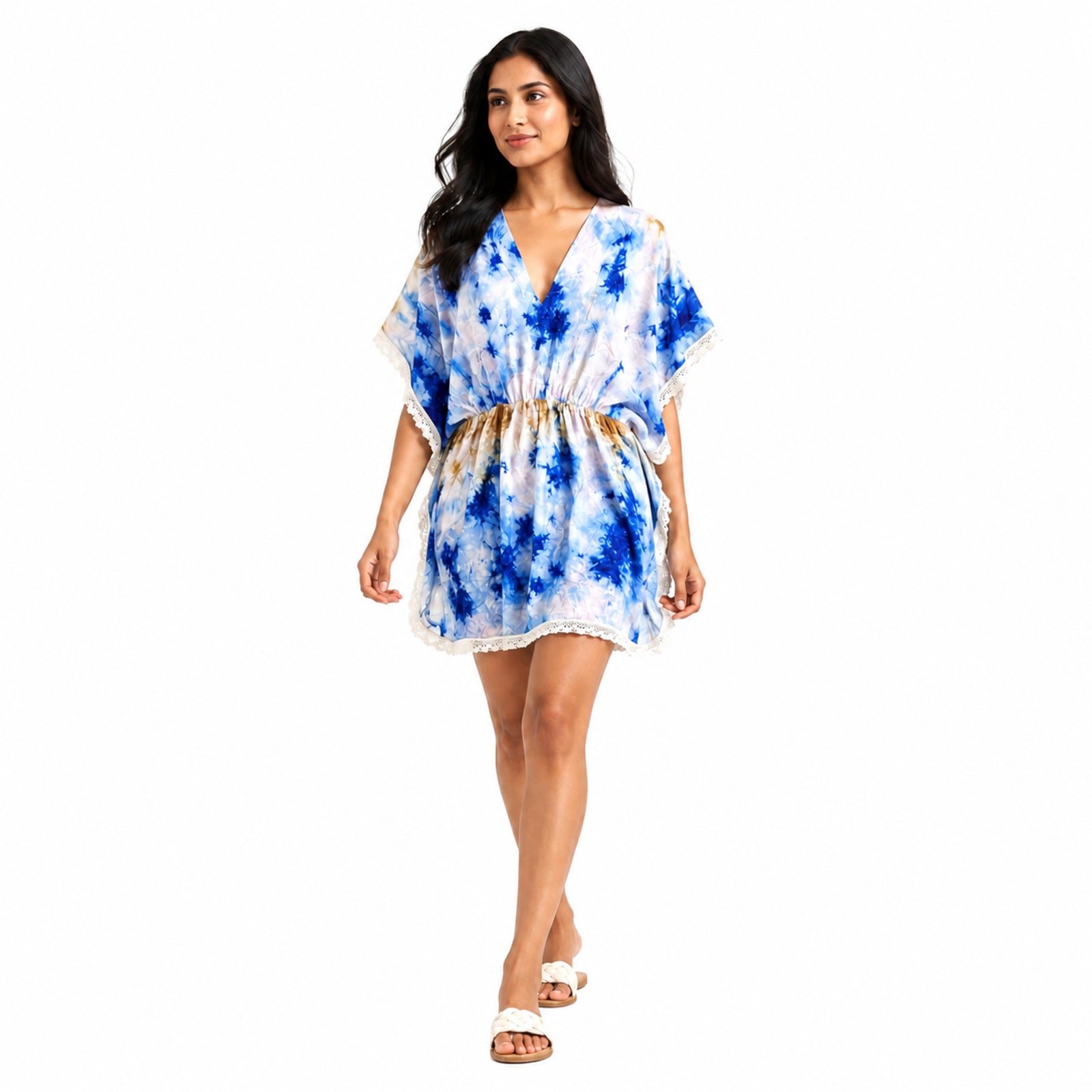 Women's Blue Tie-Dye Lace Trim Kaftan Mini Dress | Resort Wear Cover-Up
