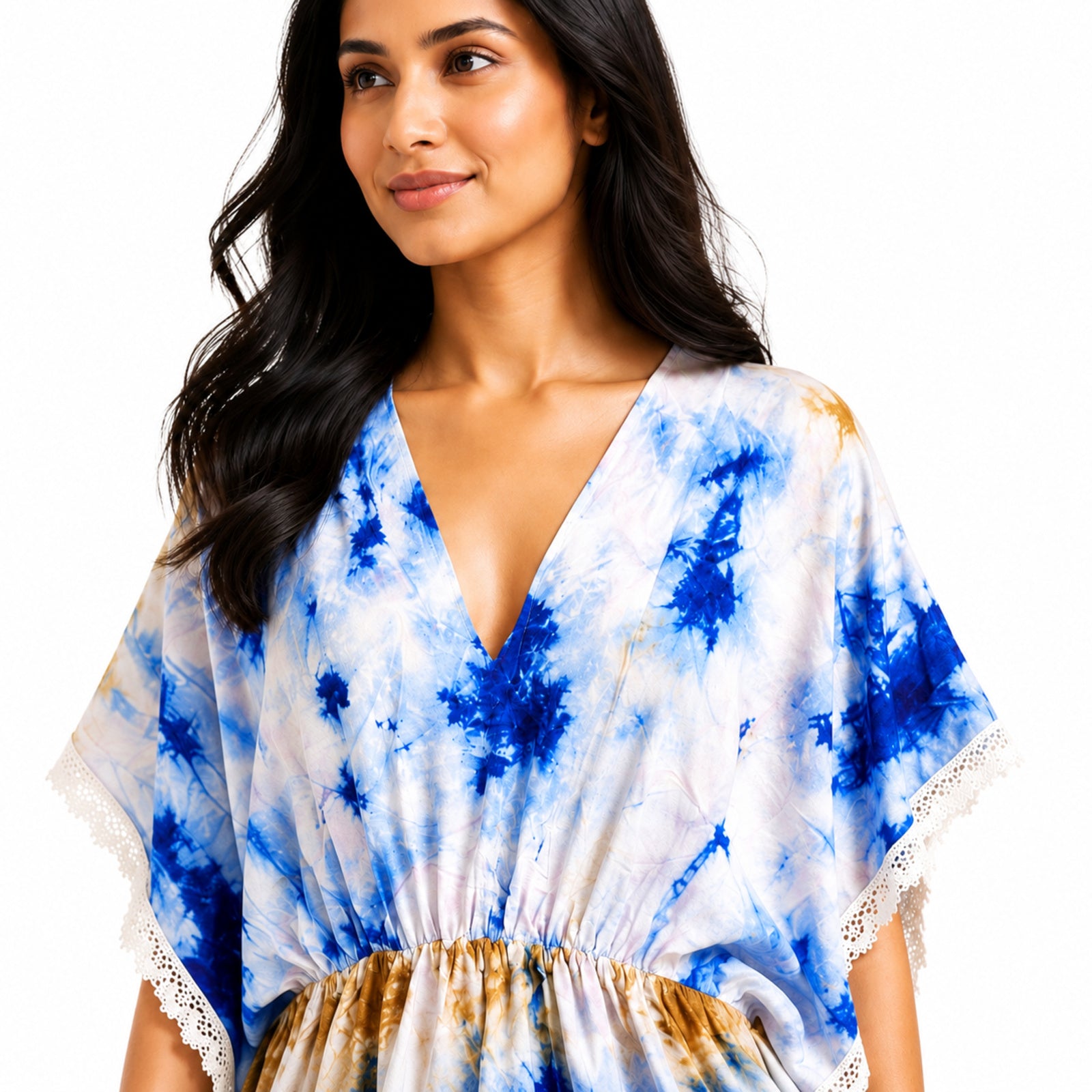 Women's Blue Tie-Dye Lace Trim Kaftan Mini Dress | Resort Wear Cover-Up