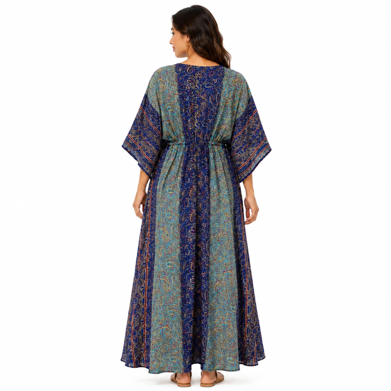 Women's Blue Paisley Print V-Neck Kaftan Maxi Dress | Flowy Resort Wear Dress