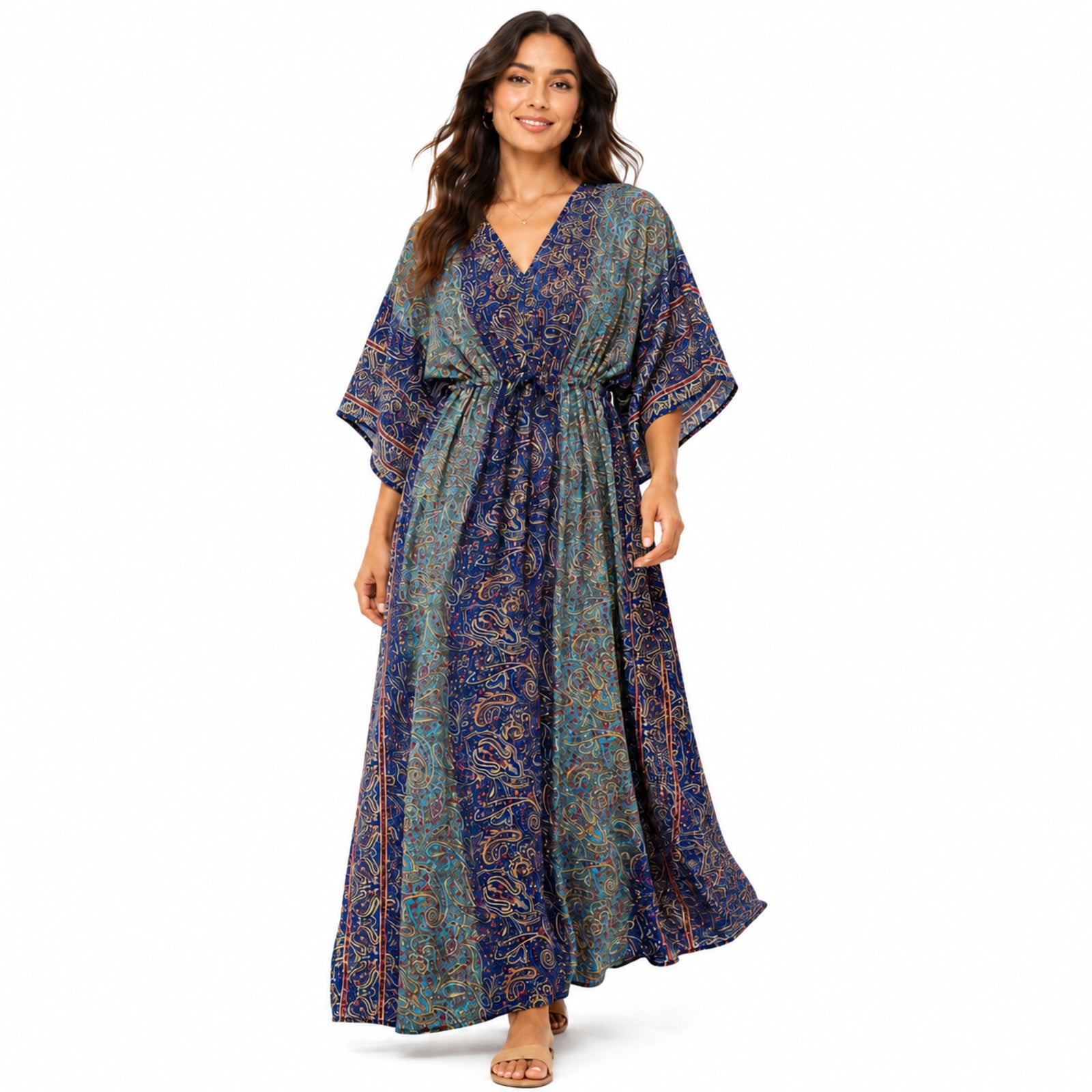 Women's Blue Paisley Print V-Neck Kaftan Maxi Dress | Flowy Resort Wear Dress