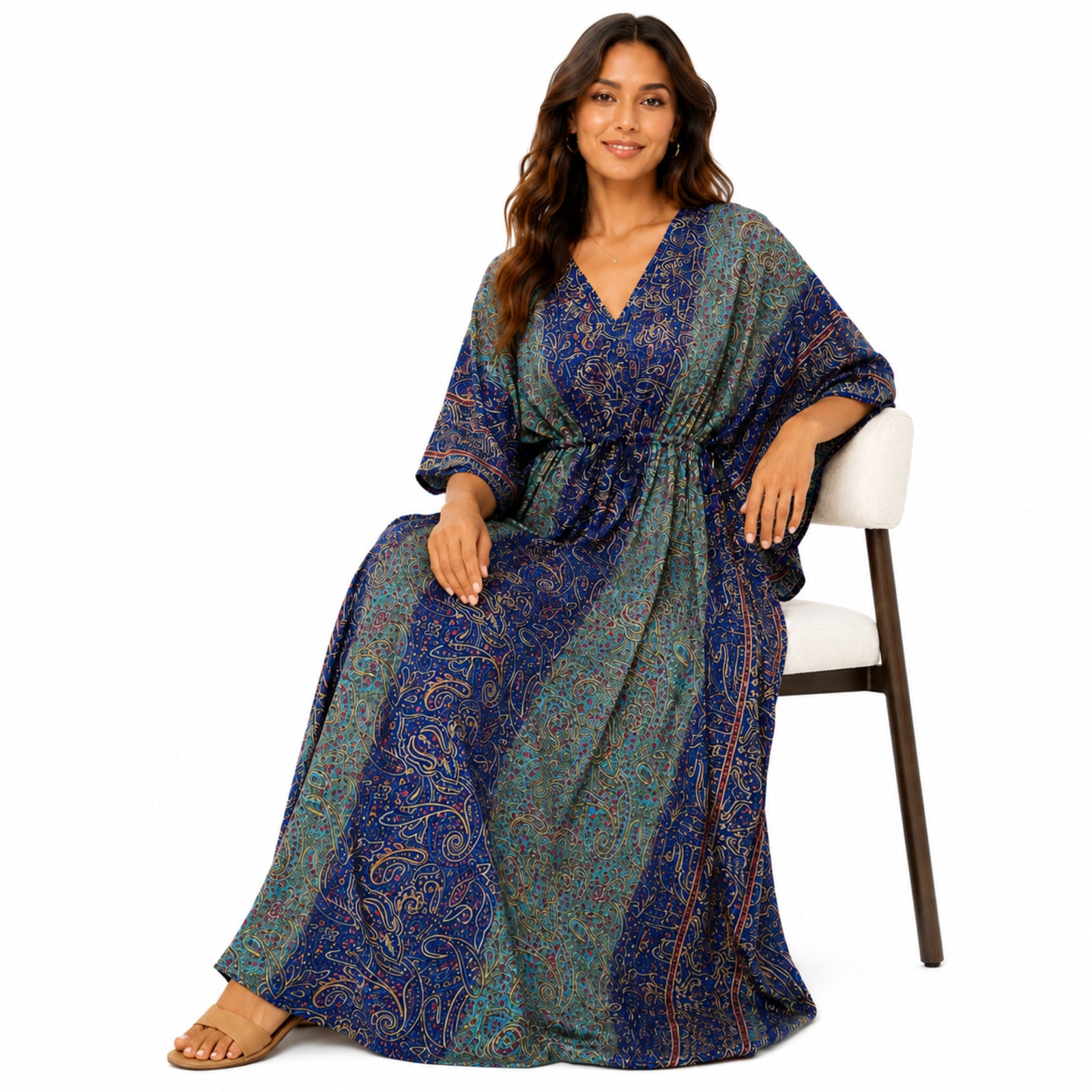 Women's Blue Paisley Print V-Neck Kaftan Maxi Dress | Flowy Resort Wear Dress