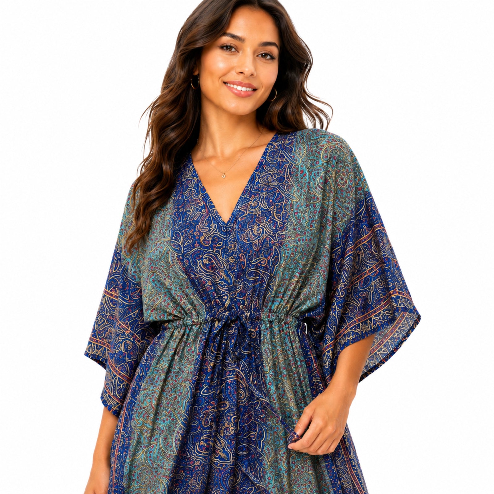 Women's Blue Paisley Print V-Neck Kaftan Maxi Dress | Flowy Resort Wear Dress