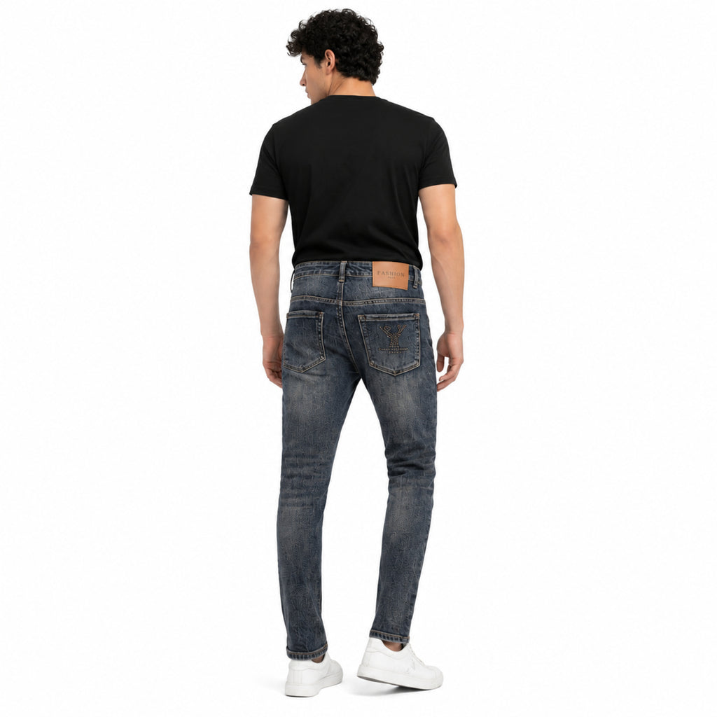 Men's Greenish Blue Whiskered Slim Fit Casual Denim Jeans